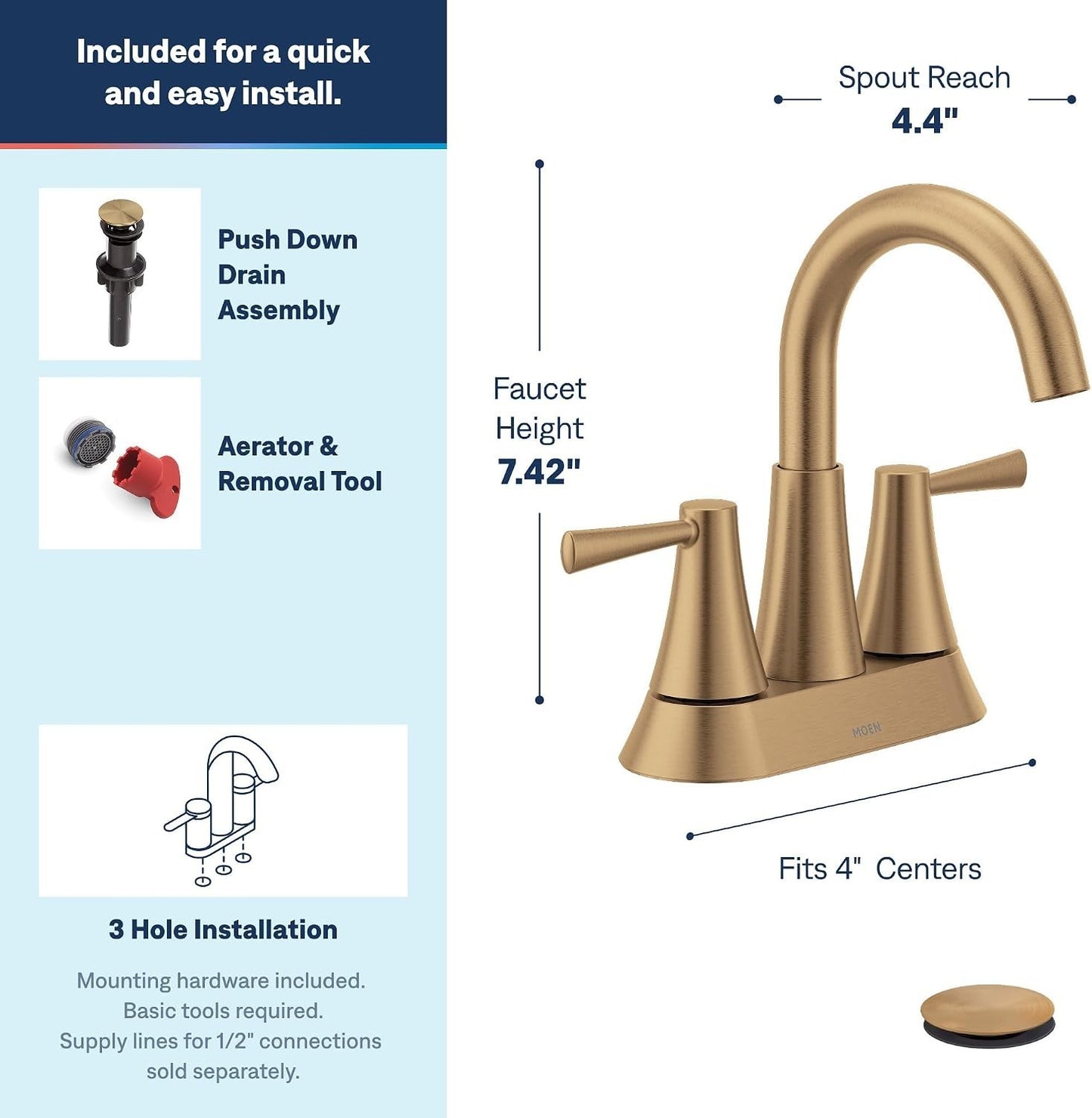 Moen 84022BZG Ronan Two-Handle High Arc Bathroom Faucet Bronzed Gold