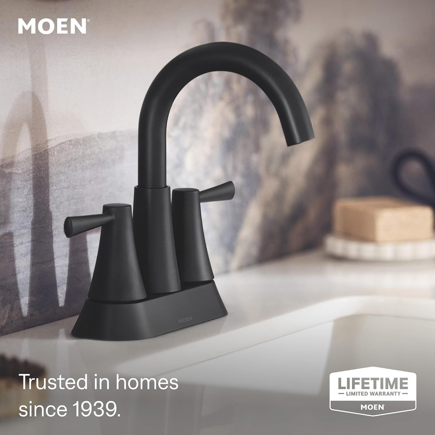 Moen 84022BL Ronan Matte Black Two Handle High Arc Bathroom Sink Faucet Drain