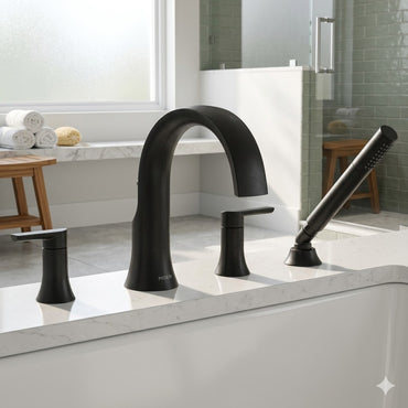 Moen TS984BL Doux 4 Handle Widespread Deck Mounted Roman Tub Filler- Matte Black