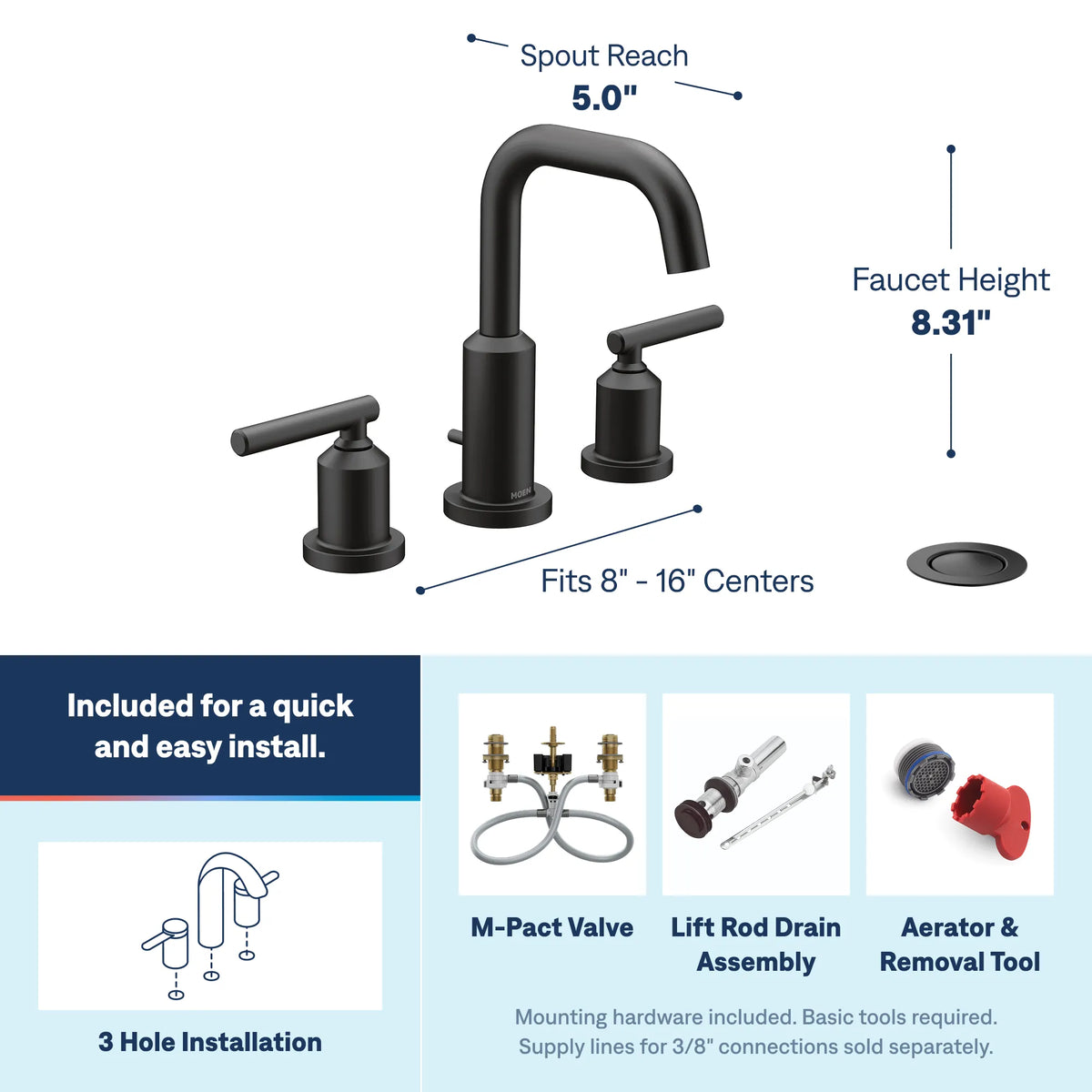 Moen TV6142BL Gibson Matte Black Two-Handle High Arc Bathroom Faucet