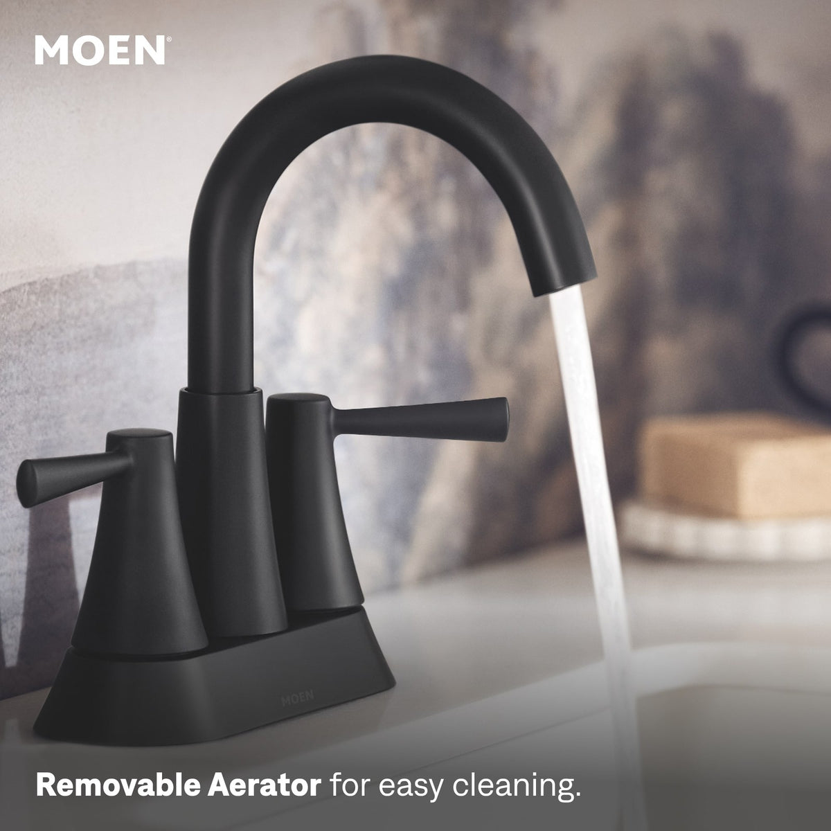 Moen 84022BL Ronan Matte Black Two Handle High Arc Bathroom Sink Faucet Drain — view 6