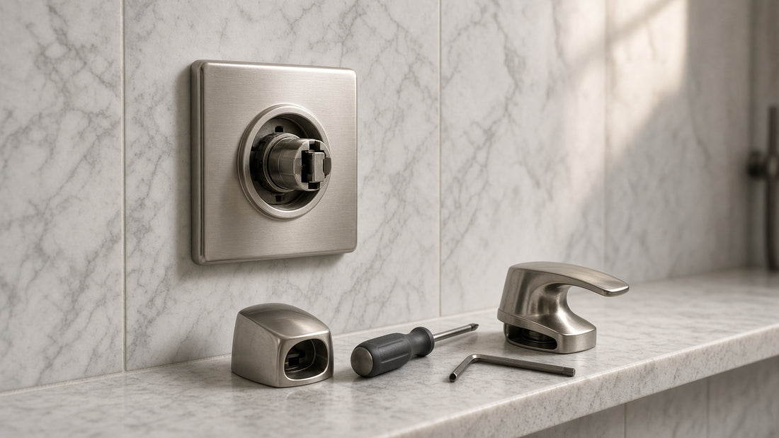 Brushed nickel shower valve trim with the handle removed, old and new handles, screwdriver and Allen key on a stone shelf