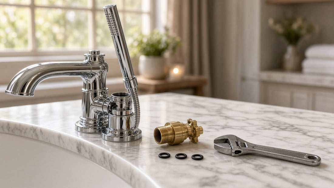 Chrome Roman tub faucet with handheld shower and removed brass diverter cartridge, O-rings and wrench on a marble tub deck