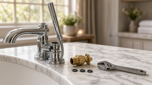 Chrome Roman tub faucet with handheld shower and removed brass diverter cartridge, O-rings and wrench on a marble tub deck
