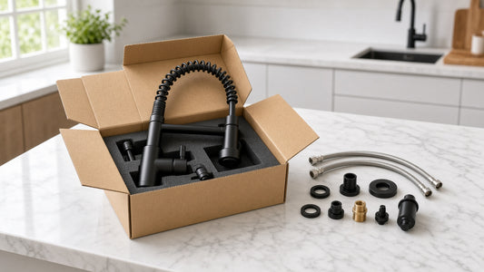 Opened box with a matte black pull-down kitchen faucet in foam and its hoses and mounting parts laid out for inspection