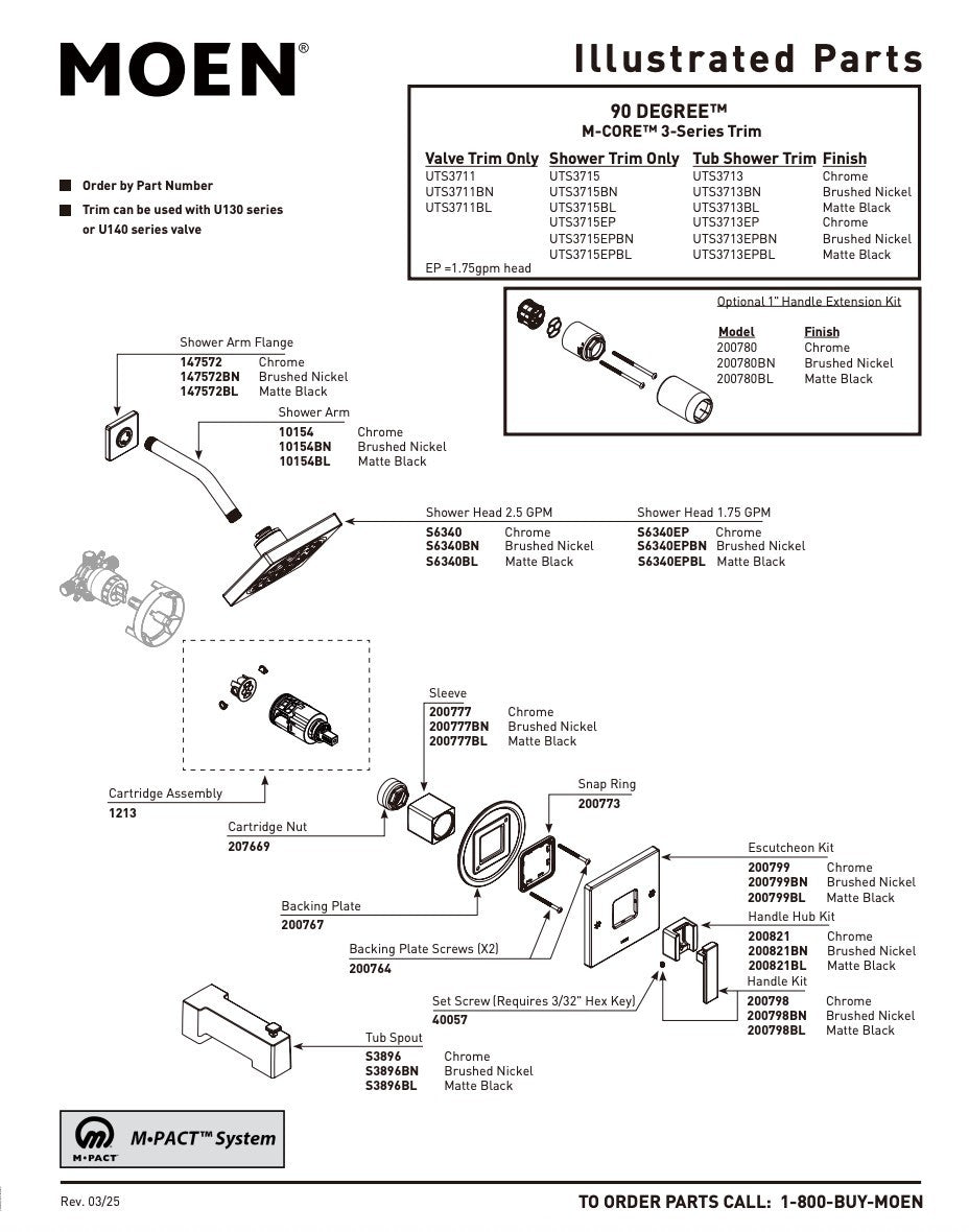 Moen UTS3711BL 90 Degree M-CORE 3-Series 1-Handle Valve Trim Kit, Valve Required