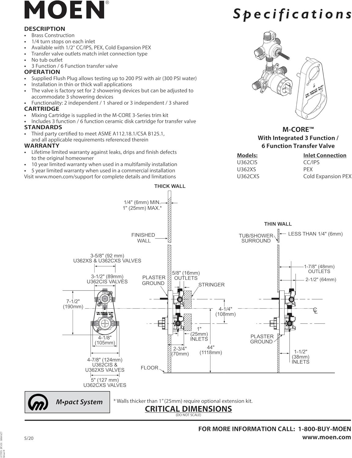 Moen U362XS M-CORE Transfer Shower Valve 3 Outlet Crimp PEX Connection New