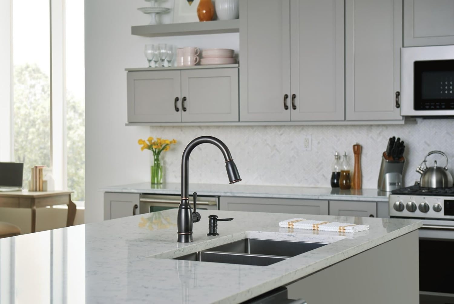 Moen 87791BRB Noell Kitchen Faucet Mediterranean Bronze Pulldown High Arc New