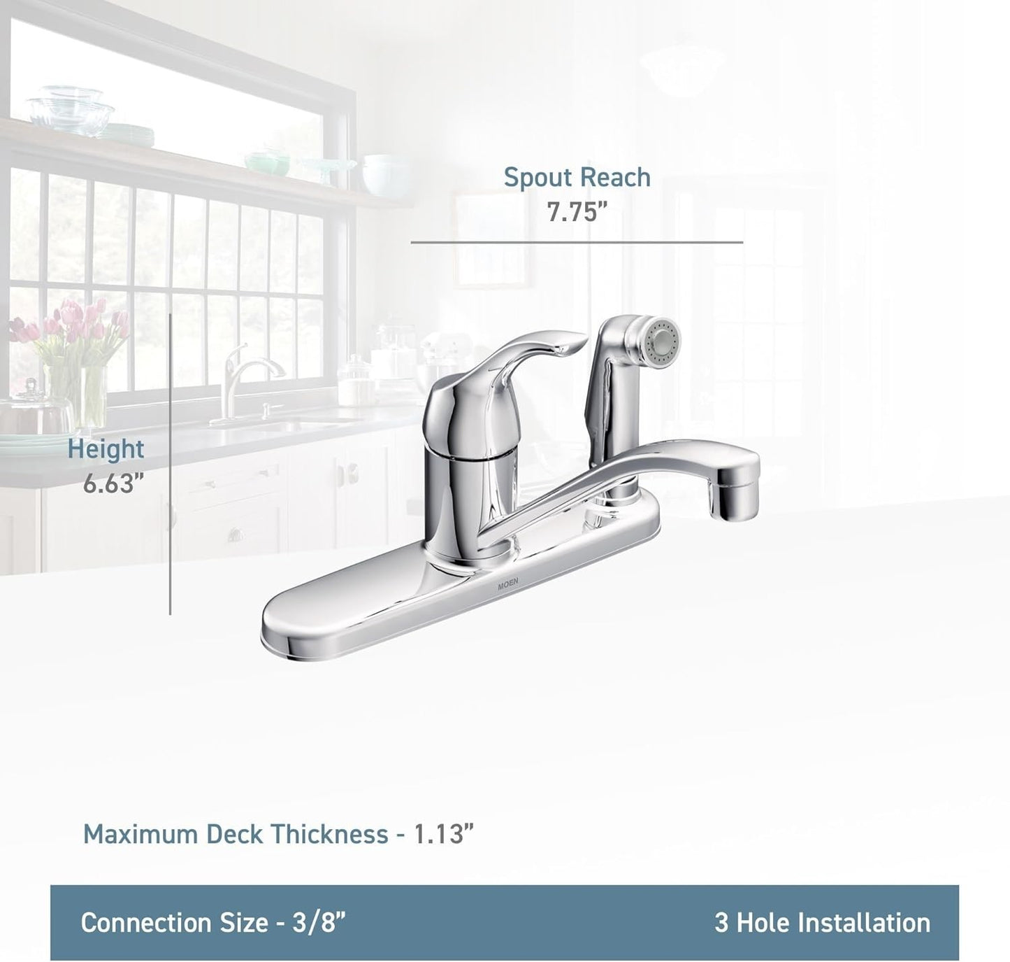 Moen CA87554C Adler Chrome One Handle Kitchen Faucet Side Spray Low Arc New