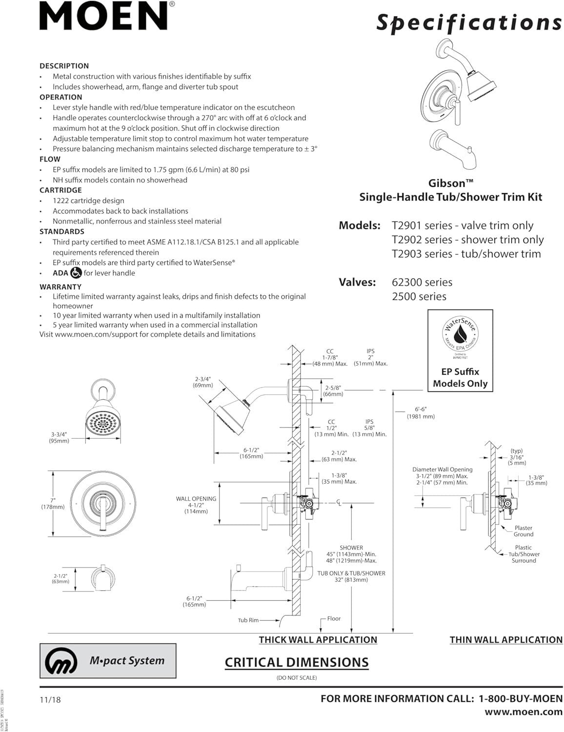 Moen T2901BZG Gibson Bronzed Gold Posi-Temp Shower Valve Lever Handle Trim New