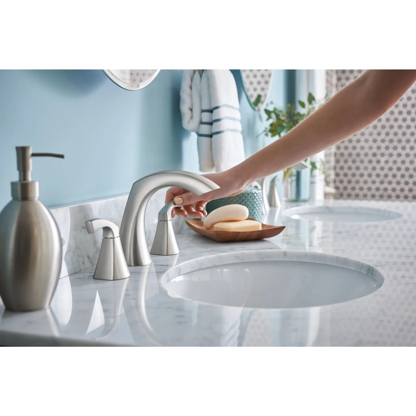 Moen 84504SRN Lindor Spot Resist Brushed Nickel Two-Handle High Arc Widespread