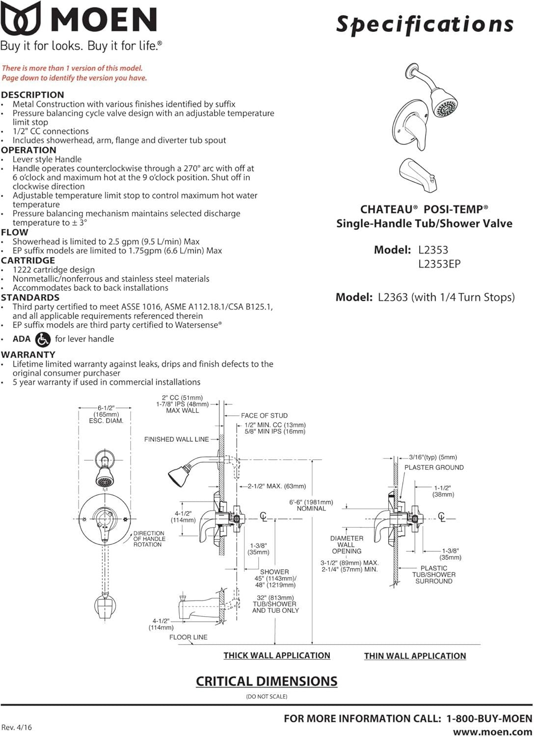 Moen L2352 Chateau Tub Shower Faucet Chrome PosiTemp Pressure Balance Valve