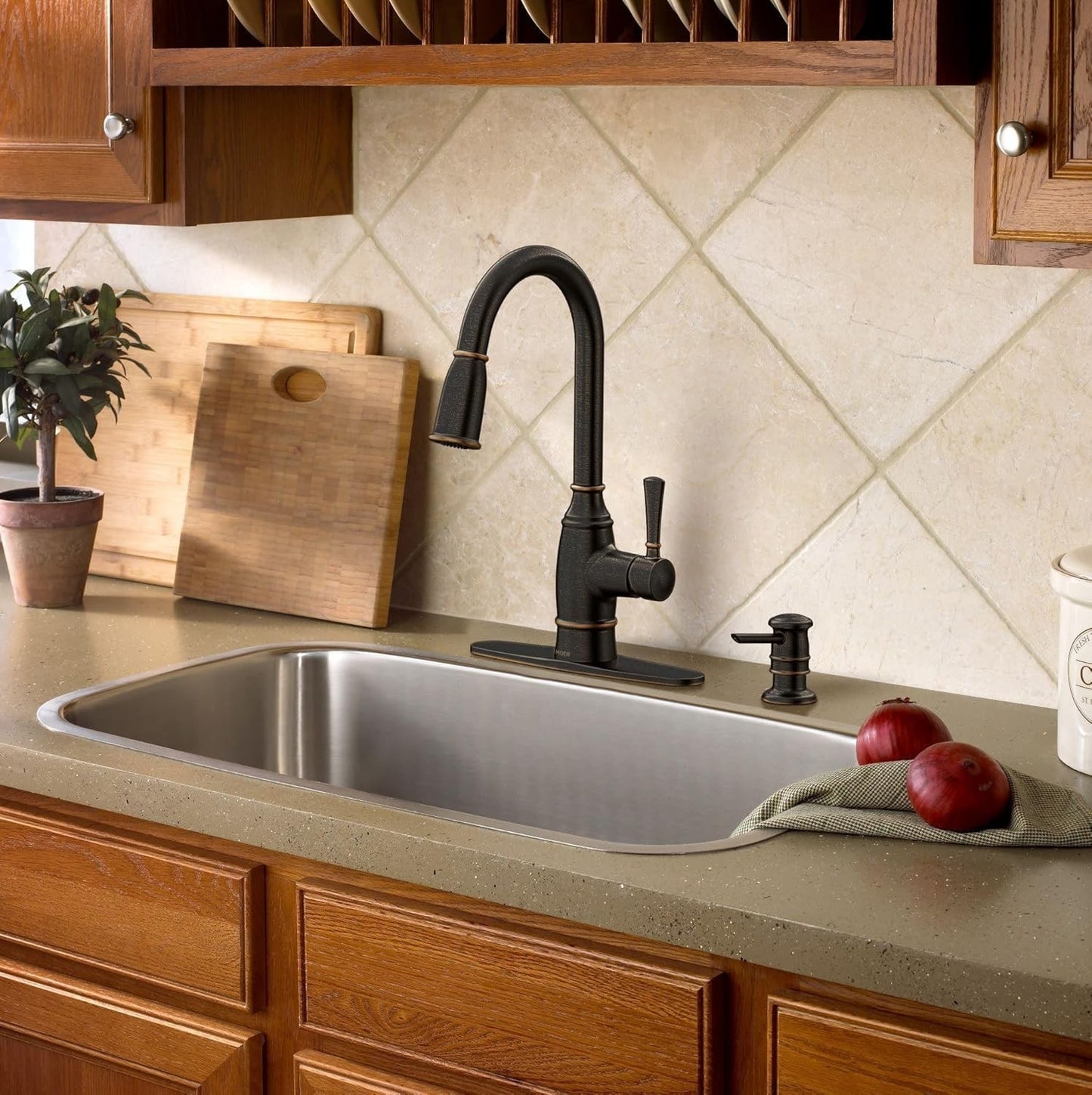 Moen 87791BRB Noell Kitchen Faucet Mediterranean Bronze Pulldown High Arc New