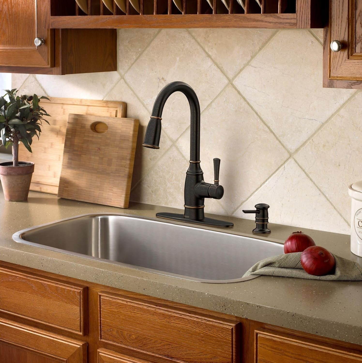 Moen 87791BRB Noell Kitchen Faucet Mediterranean Bronze Pulldown High Arc New