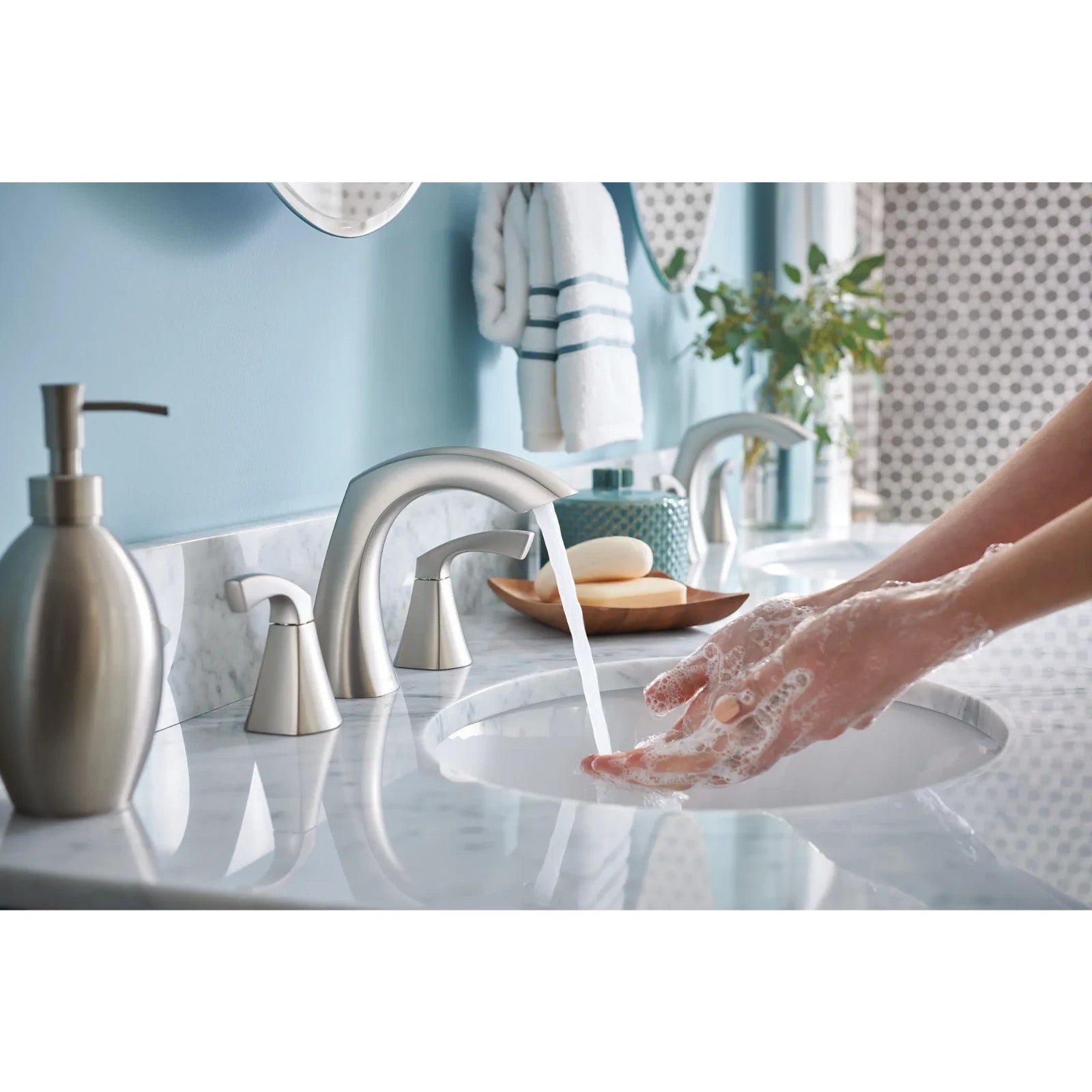Moen 84504SRN Lindor Spot Resist Brushed Nickel Two-Handle High Arc Widespread