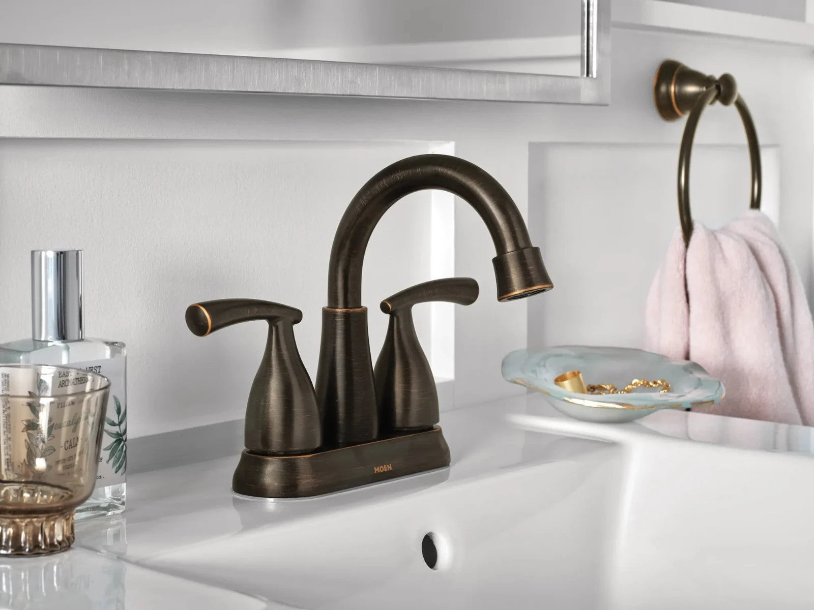Moen 84128BRB Essie Two-Handle High Arc Bathroom Faucet Mediterranean Bronze New
