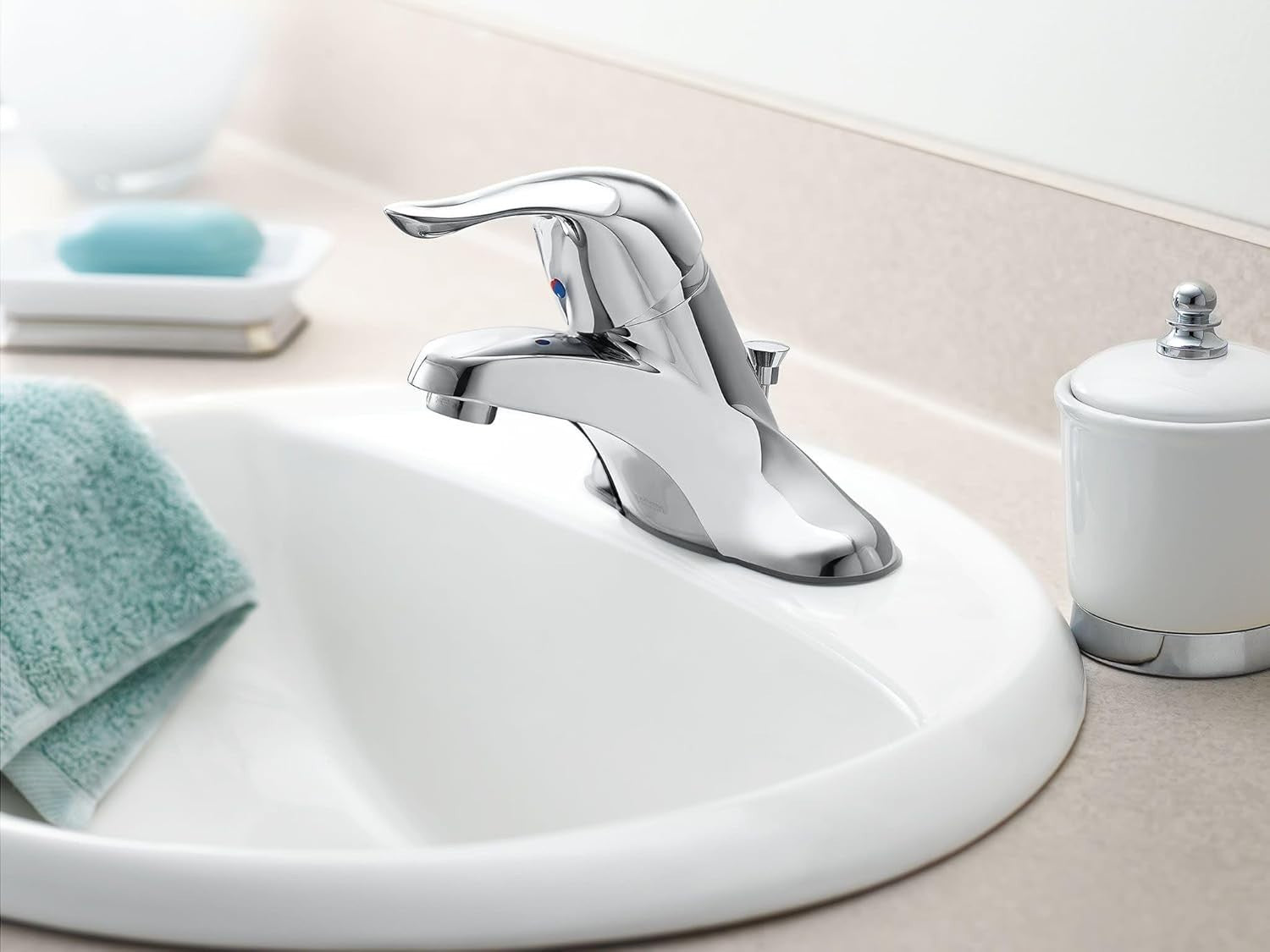 Moen L64621 Chateau Chrome Single Handle Low Arc Bathroom Sink Faucet Drain