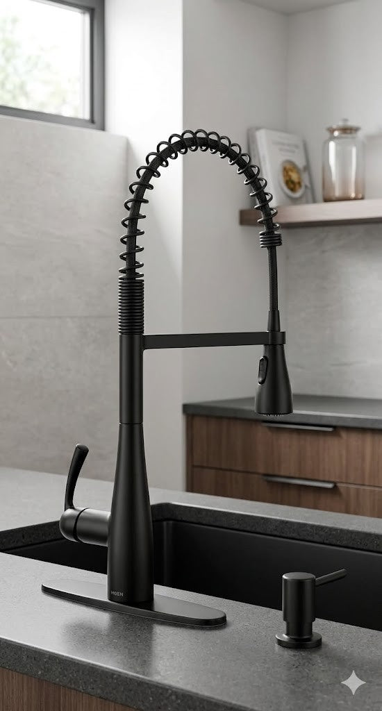 Moen 87814BL Essie Kitchen Faucet Matte Black Pulldown Pre-Rinse Soap Dispenser
