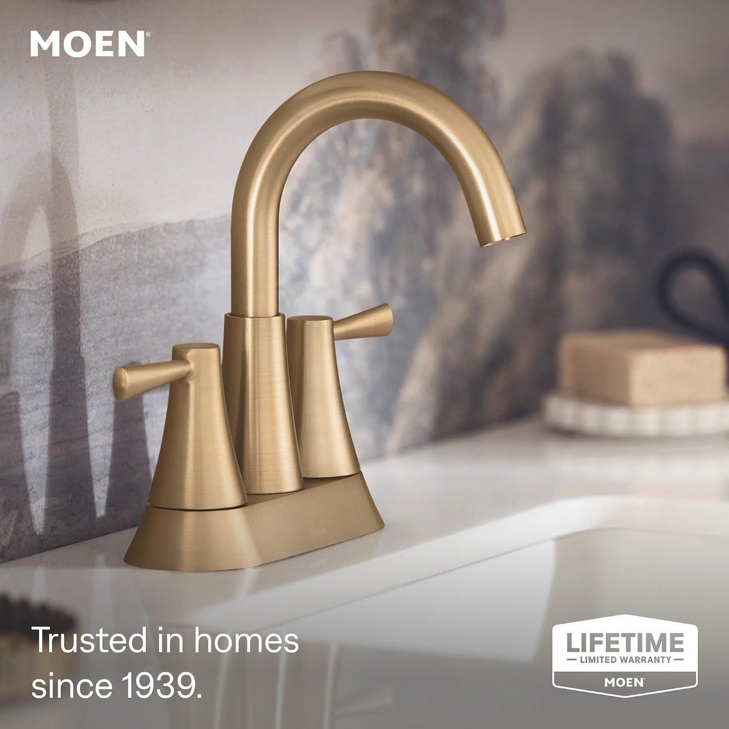 Moen 84022BZG Ronan Two-Handle High Arc Bathroom Faucet Bronzed Gold