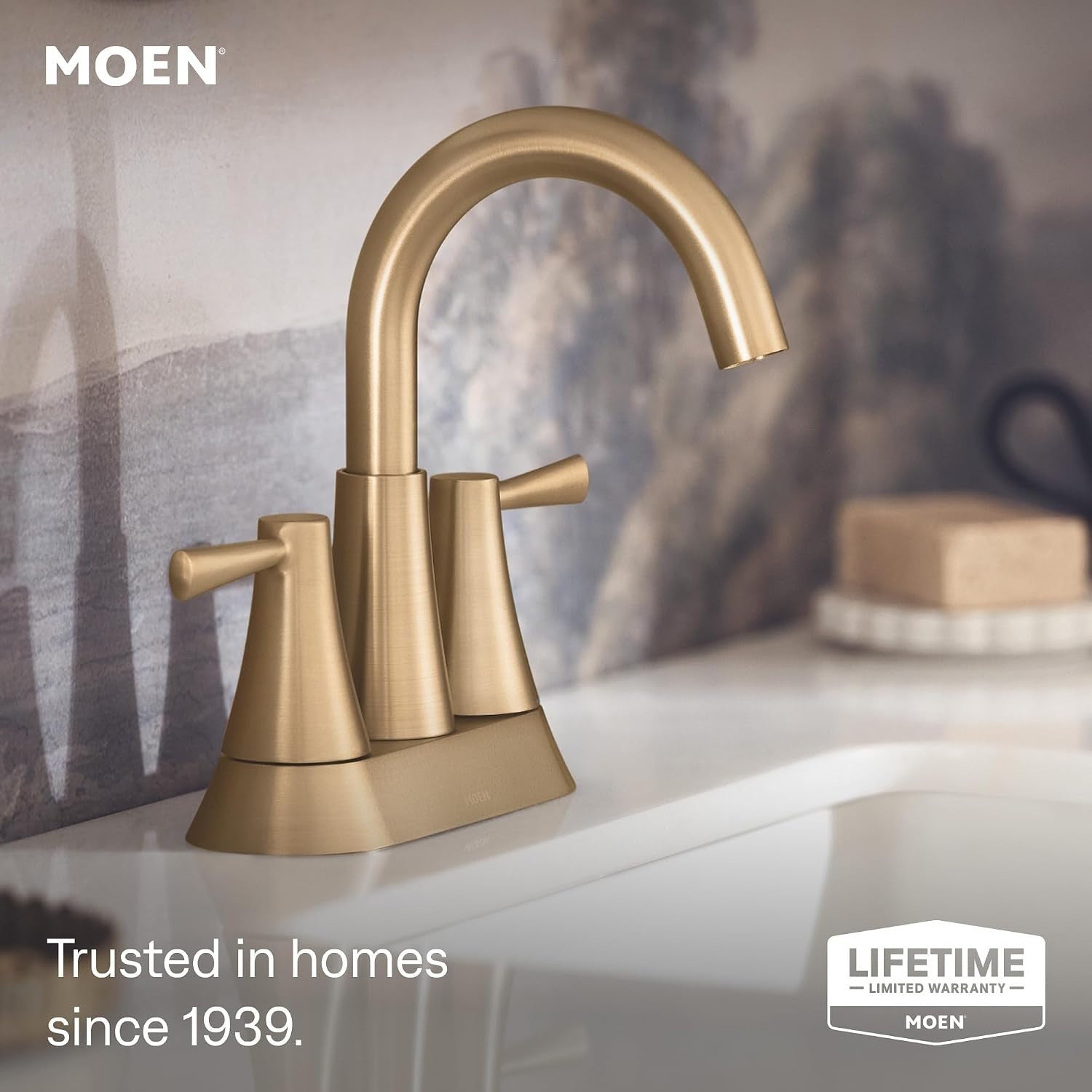 Moen 84022BZG Ronan Two-Handle High Arc Bathroom Faucet Bronzed Gold