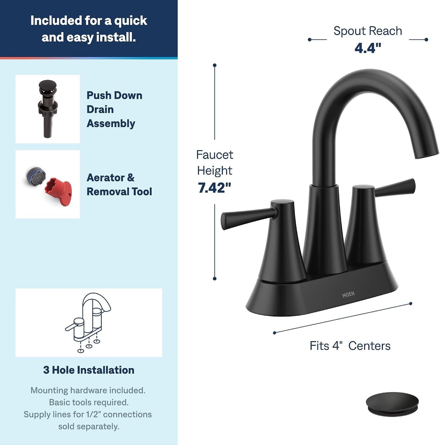 Moen 84022BL Ronan Matte Black Two Handle High Arc Bathroom Sink Faucet Drain