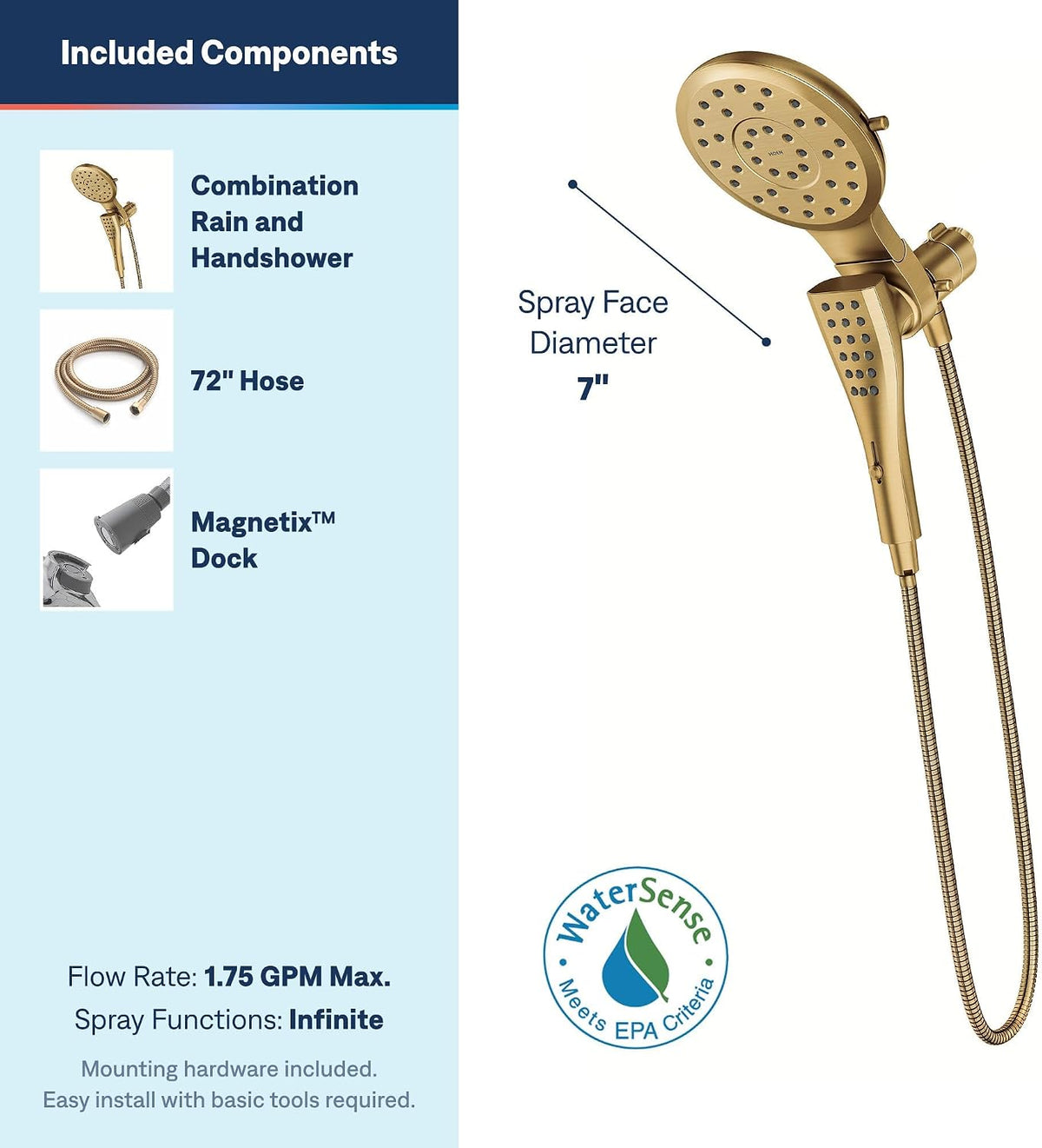 Moen 220C3EPBG Verso Brushed gold infinite 7" diameter spray head standard with handshower — view 4