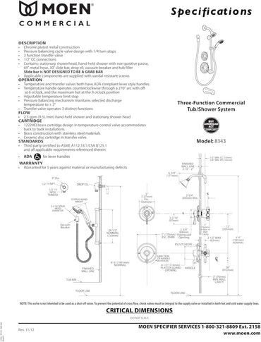 Moen 8343 Commercial Chrome Transfer Posi-Temp Tub/Shower — view 2