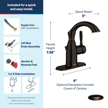 Moen 84144BRB Sarona Mediterranean Bronze One-Handle High Arc Bathroom Faucet
