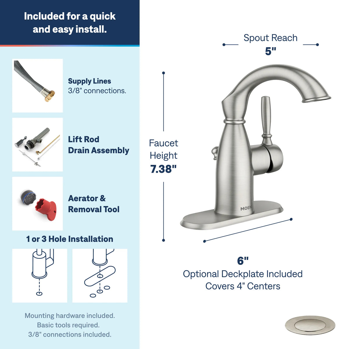 Moen 84144SRN Sarona Spot Resist Brushed Nickel One-Handle High Arc Bathroom Faucet