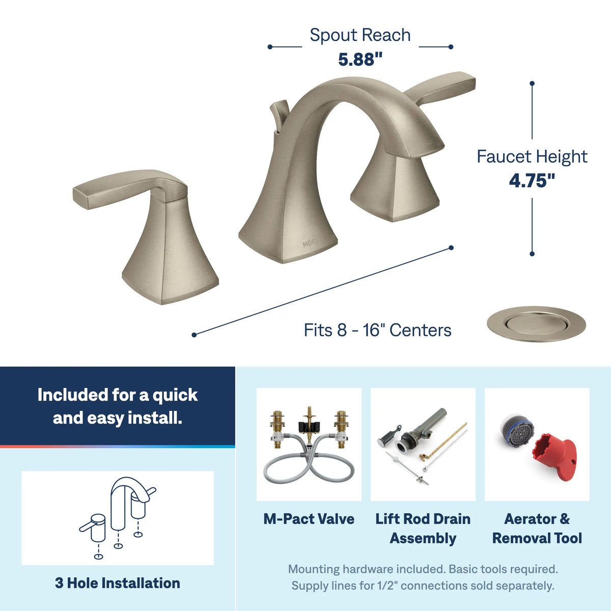 Moen TV6905BN Voss Brushed Nickel Two-Handle High Arc Bathroom Faucet