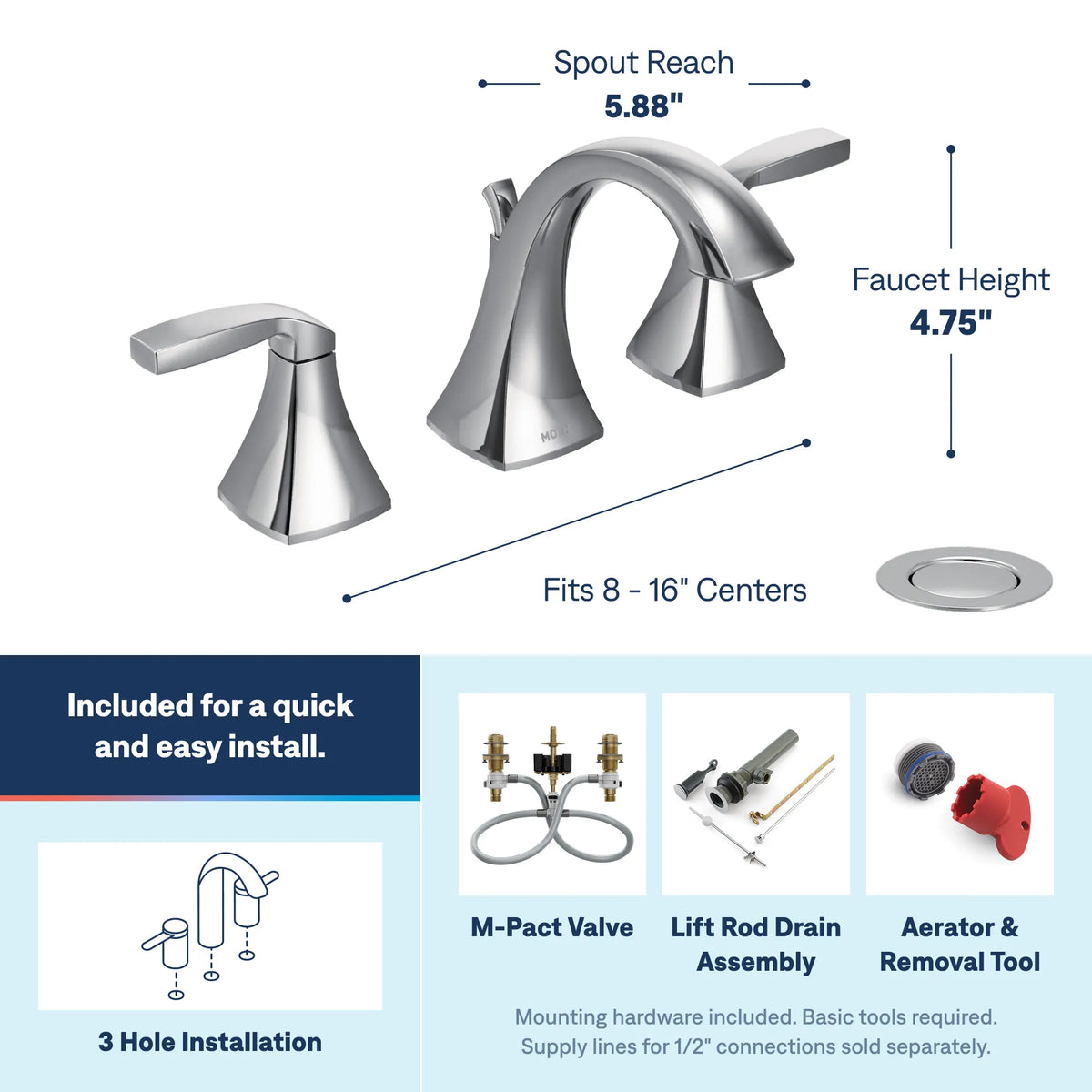 Moen TV6905 Voss Chrome Two-Handle High Arc Bathroom Faucet