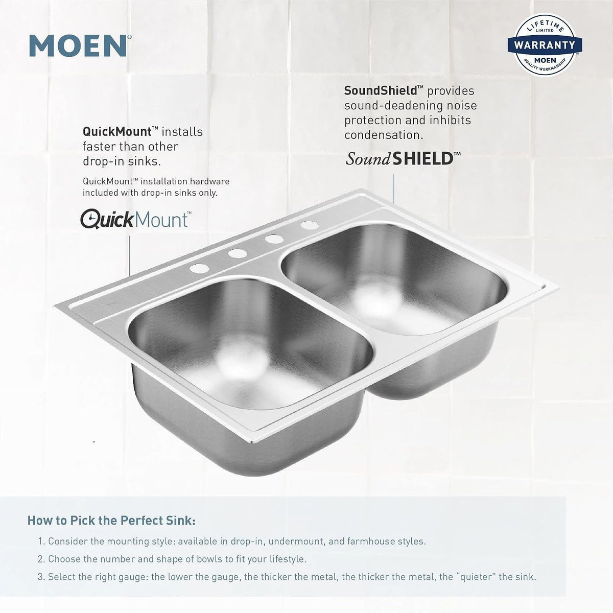 Moen GS20192 2000 Series 23-1/2" x 18-1/4" Stainless Steel 20-Gauge Single Bowl — view 5