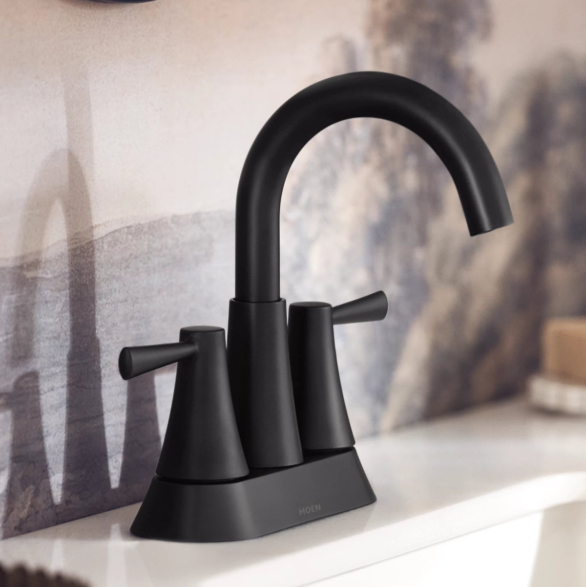 Moen 84022BL Ronan Matte Black Two Handle High Arc Bathroom Sink Faucet Drain — view 4